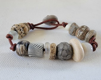 OOAK Handmade Ancient Oceans Bracelet Onyx Polymer Clay Antique Glass Trade Bead Beach Pebble Leather Cord