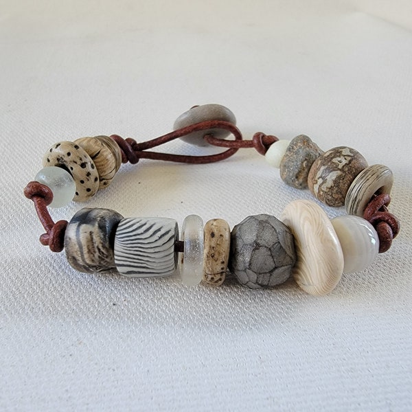 OOAK Handmade Ancient Oceans Bracelet Onyx Polymer Clay Antique Glass Trade Bead Beach Pebble Leather Cord