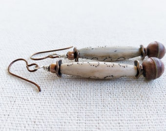 One of a Kind Handmade Stippled Faux Ivory Pod Earrings with Upcycled Vintage Copper Beads Sterling Silver Niobium Erwires