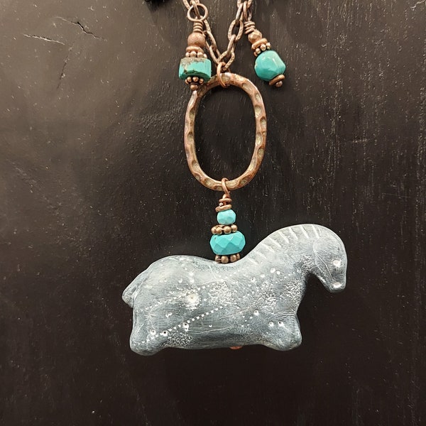 Long Statement Handmade Black Faux Soapstone Horse Turquoise Gemstones Beads Copper Chain Necklace Leather Cord  Artisan Made Jewelry OOAK