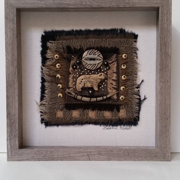 OOAK Shadowbox Neutral Wall Tabletop Framed Fiber Art Fragment White Ivory Bear Amulet Moon Collage Assemblage