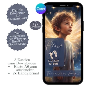 Tarjeta de condolencia digital, tarjeta conmemorativa niño estrella, plantilla Canva, tarjeta electrónica WhatsApp, nacimiento de niño estrella, tarjeta conmemorativa digital
