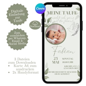 Digital baptism invitation, e-card baptism invitation for boys and girls, personalize card in Canva, WhatsApp invitation card, baptism card