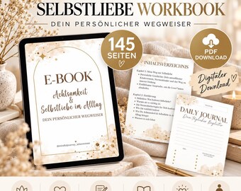 Puede incluir: Un libro de trabajo digital titulado Achtsamkeit & Selbstliebe con 145 páginas, una tabla de contenidos y una página de diario diario. El diseño incluye detalles dorados, gráficos florales y texto en alemán. Esta descarga en PDF incluye secciones para ejercicios, afirmaciones, preguntas de reflexión, diario diario, gratitud y rituales.