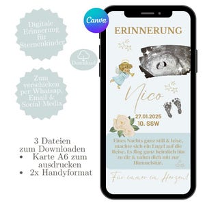 Tarjeta de condolencia digital, tarjeta conmemorativa niño estrella, plantilla Canva, tarjeta electrónica WhatsApp, nacimiento de niño estrella, tarjeta conmemorativa digital