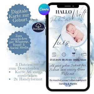 Tarjeta de nacimiento digital + tarjeta para imprimir, anuncio de nacimiento de un niño, plantilla tarjeta de nacimiento Canva, tarjeta electrónica anuncio de nacimiento WhatsApp