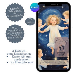 Tarjeta de condolencia digital, tarjeta conmemorativa para niño estrella, plantilla Canva, tarjeta electrónica WhatsApp, nacimiento de niño estrella, tarjeta conmemorativa digital