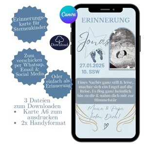 Tarjeta de condolencia digital, tarjeta conmemorativa niño estrella, plantilla Canva, tarjeta electrónica WhatsApp, nacimiento de niño estrella, tarjeta conmemorativa digital