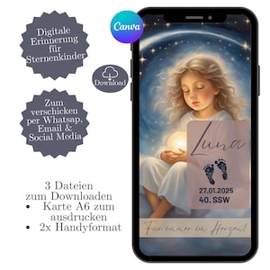 Tarjeta de condolencia digital, tarjeta conmemorativa niña estrella, plantilla Canva, tarjeta electrónica WhatsApp, nacimiento de niña estrella, tarjeta conmemorativa digital