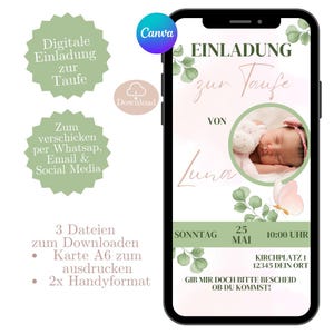 Digital invitation to baptism, e-card baptism invitation boy and girl, personalize card in Canva, invitation card WhatsApp, baptism card