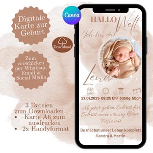 Cartão de nascimento digital + cartão para imprimir, anúncio de nascimento de menina, modelo de cartão de nascimento Canva, e-card anúncio de nascimento WhatsApp