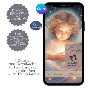 Tarjeta de condolencia digital, tarjeta conmemorativa niña estrella, plantilla Canva, tarjeta electrónica WhatsApp, nacimiento de niña estrella, tarjeta conmemorativa digital