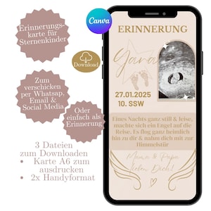 Digitale Trauerkarte, Erinnerungskarte Sternenkind Mädchen, Vorlage Canva, E-Card WhatsApp, Geburt Sternenkind, Digitale Erinnerungskarte