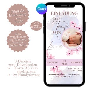 Digitale Einladung zur Taufe, E-Card Taufe Einladung Junge und Mädchen, Karte personalisieren in Canva, Einladungskarte WhatsApp, Taufkarte