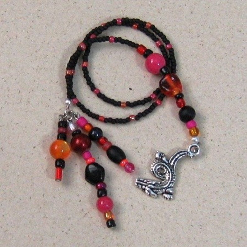 Beaded Bookmark in Black Red Orange Pink with Dragon Charm BK-029-KPO image 3