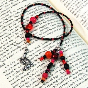 Beaded Bookmark in Black Red Orange Pink with Dragon Charm BK-029-KPO image 1