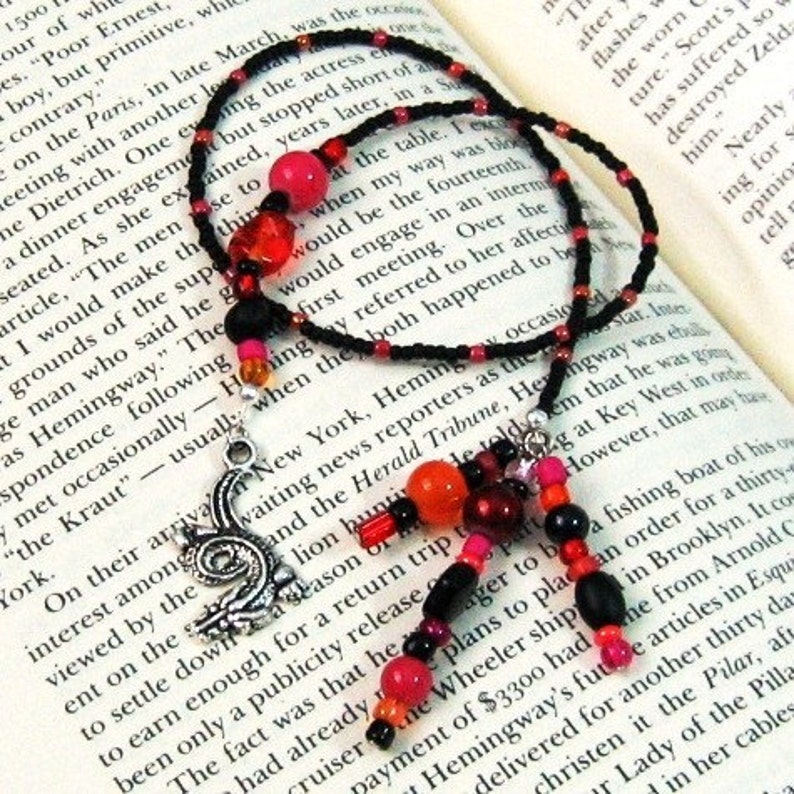 Beaded Bookmark in Black Red Orange Pink with Dragon Charm BK-029-KPO image 1