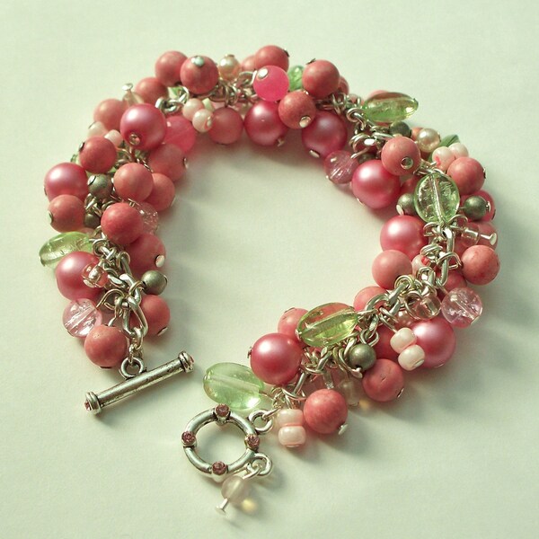 Honeysuckle Cha Cha Bracelet Pink Magnesite Pearl Green Glass Swarovski Clasp BT-003-PPG