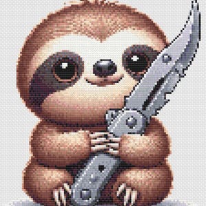 May include: A digital illustration of a cartoon sloth holding a silver pocket knife. The sloth is brown with a light brown face and large, dark eyes. The knife is detailed with a silver blade and handle.