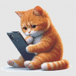 May include: A digital illustration of a ginger cat with white markings, engrossed in a smartphone. The cat is sitting, with its paws and tail visible. The cat's expression is one of concentration, with its chin resting on its paw.