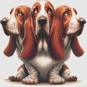 May include: A cross-stitch design depicting three basset hounds with brown and white fur. The dogs are positioned closely together, creating a symmetrical image. The detailed design gives a textured appearance, with the dogs sitting.
