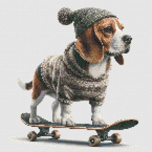 May include: A beagle wearing a knitted hat and sweater stands on a skateboard. The dog has brown, white, and black fur. The skateboard is brown with dark green accents and small wheels.