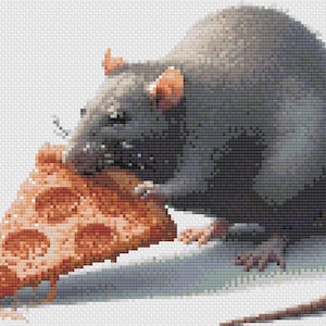 May include: A digital art image of a gray rat eating a slice of pepperoni pizza. The rat is detailed with a textured appearance, and the pizza slice has visible pepperoni and melted cheese. The background is a plain white.