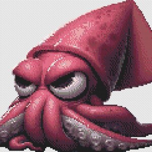 May include: A pixelated illustration of a red squid with large, expressive eyes and a stern expression. The squid's tentacles are visible, and the image has a textured, cross-stitch appearance. The background is white.