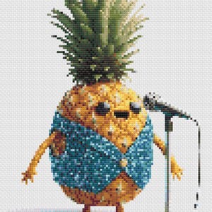Puede incluir: Ilustración pixelada de una piña cantando, con gafas de sol y un chaleco azul. La piña está de pie frente a un micrófono sobre un soporte, con los brazos a los lados. La piña tiene una corona de hojas verdes.