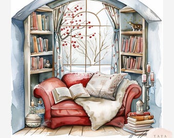 Vinterläshörna Clipart, 10 JPG-filer, mysig bokälskare-scen, snöigt fönsterbibliotek, hygge-estetik, utskrivbara skräpjournaler