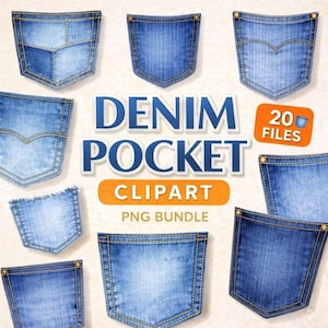 Puede incluir: Una colección de imágenes prediseñadas de bolsillos de mezclilla azules. La imagen incluye varios diseños de bolsillos con costuras y remaches visibles. El texto de la imagen dice "DENIM POCKET CLIPART PNG BUNDLE" y "20 FILES".