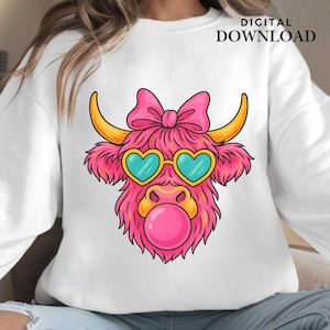Pink Highland Cow PNG | Bubble Gum Cow Sublimation Design | Cute Western Sunglasses | Trendy Farm Animal T-Shirt Digital Download