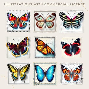 Clipart de selo postal de raças de borboletas, aquarela para impressão para diários de recortes, scrapbooking e artesanato digital, borboletas vintage