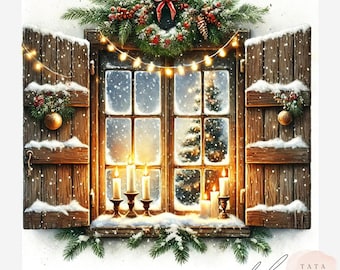 May include: Watercolor illustration of a snowy window scene with wooden shutters. The window is decorated with a Christmas wreath, string lights, and lit candles. Snowflakes fall around the window, creating a cozy winter atmosphere.