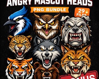 Angry Mascot Head Clipart | 29 PNG Logos + Team Names | Instant Download | Sports Team Bundle | Gift for Coaches & Designers | DIY Jerseys