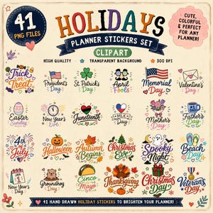 May include: A collection of 41 holiday planner stickers in PNG format. The stickers feature various holiday themes, including Halloween, Christmas, and Valentine's Day, with the text "Holidays Planner Stickers Set". The stickers are colorful and designed for planners.