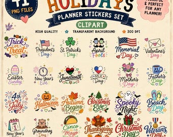Holiday Planner Stickers Clipart PNG, Seasonal Celebration Icons for Planners, Junk Journals, Stickers & DIY Crafts