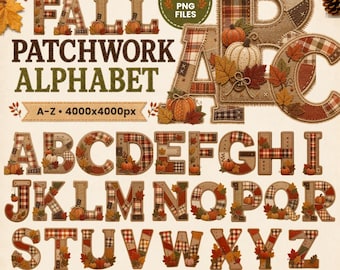 Fall Patchwork Alphabet Clipart PNG, Autumn Quilted Monogram Letters Font PNG, Cozy Pumpkin Sublimation, Fall Floral Commercial Use