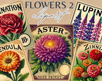 Garden Flowers Seed Packets Vintage Illustrations Clip art of Floral Seeds for Scrapbooking, Junk Journaling, Paper Craft, Diy Projects