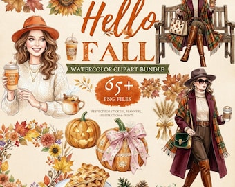 Hello Fall Watercolor Clipart Bundle, Fashion Girl Autumn PNG, Cozy Fall Aesthetic, 65+ PNG Files