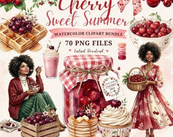 African American Summer Clipart | Cherry Sweet Watercolor | Black Girl Magic | Berry Cute | Gift for Black Woman | 70 PNG | Instant Download
