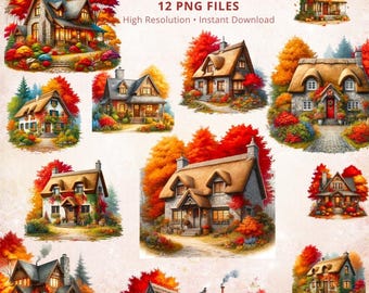 Fall Cottage Clipart Bundle PNG, Autumn House Watercolor Clipart, Cottage PNG, Thanksgiving Clipart, Fall Sublimation Designs, Rustic Home