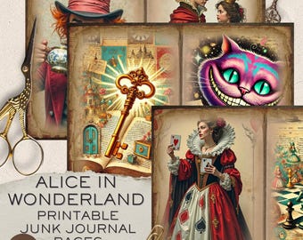 Alice In Wonderland Junk Journal Kit, afdrukbaar verhalenboek kortstondig, vintage Tea Party-pagina's, grillig collageblad, sprookje downloaden
