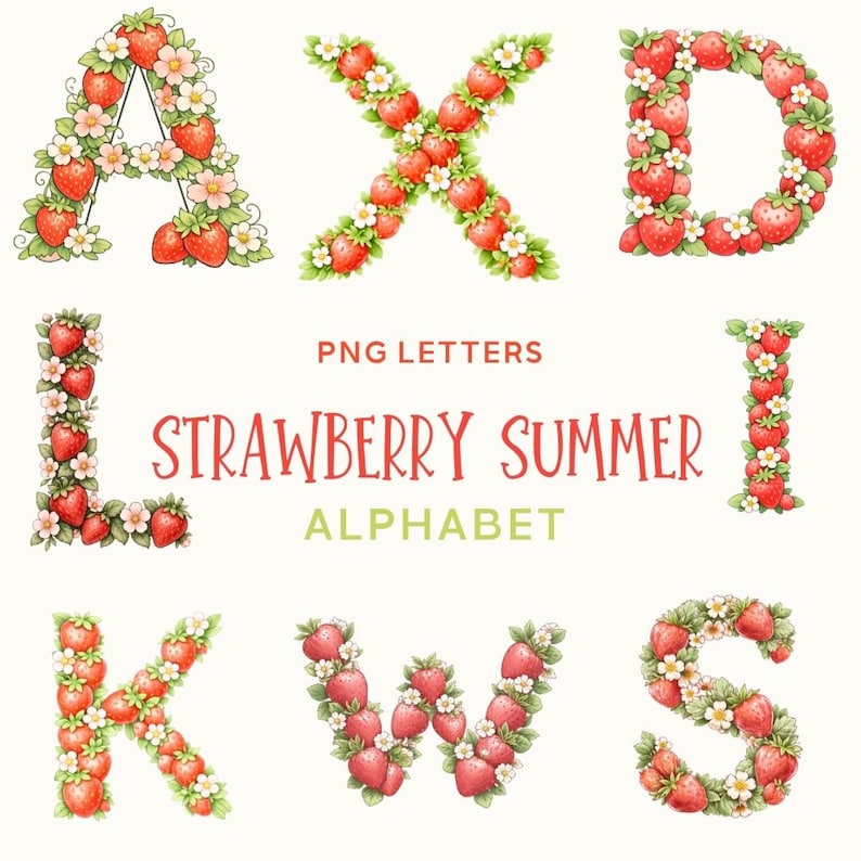 Strawberry Letters PNG Bundle, Summer Alphabet Clipart, Cute Floral ...