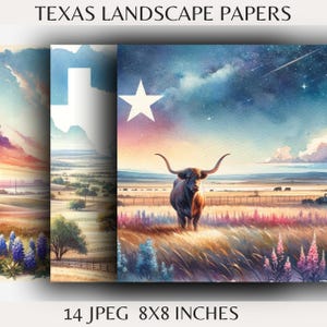 Klipart - Krajobraz Teksasu, Wydrukowana akwarela do dzienników śmieciowych, scrapbookingu i cyfrowego rzemiosła, Ephemera Texas Scrapbook