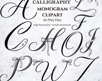 Coquette Calligraphy Alphabet PNG, Feminine Script Letters with Ribbon Bows, Monogram Clipart A-Z