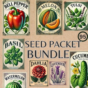 Puede incluir: Una colección de ilustraciones de paquetes de semillas de estilo vintage. Los paquetes presentan imágenes de pimientos, melones, albahaca, dalias, lavanda, pepinos y sandías. El texto "SEED PACKET BUNDLE" se muestra de forma destacada.