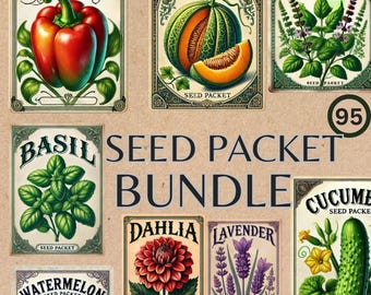 Vintage Flower & Garden Seed Packet Bundle, Printable Watercolor for Scrapbooking, Greeting Cards, Digital Crafting - 95 PNGs