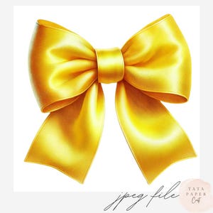 May include: A bright yellow satin bow with long, flowing tails. The bow is centered and appears to be digitally rendered, with highlights and shadows creating a realistic look. The image has a white background and the text "jpeg file" is at the bottom.