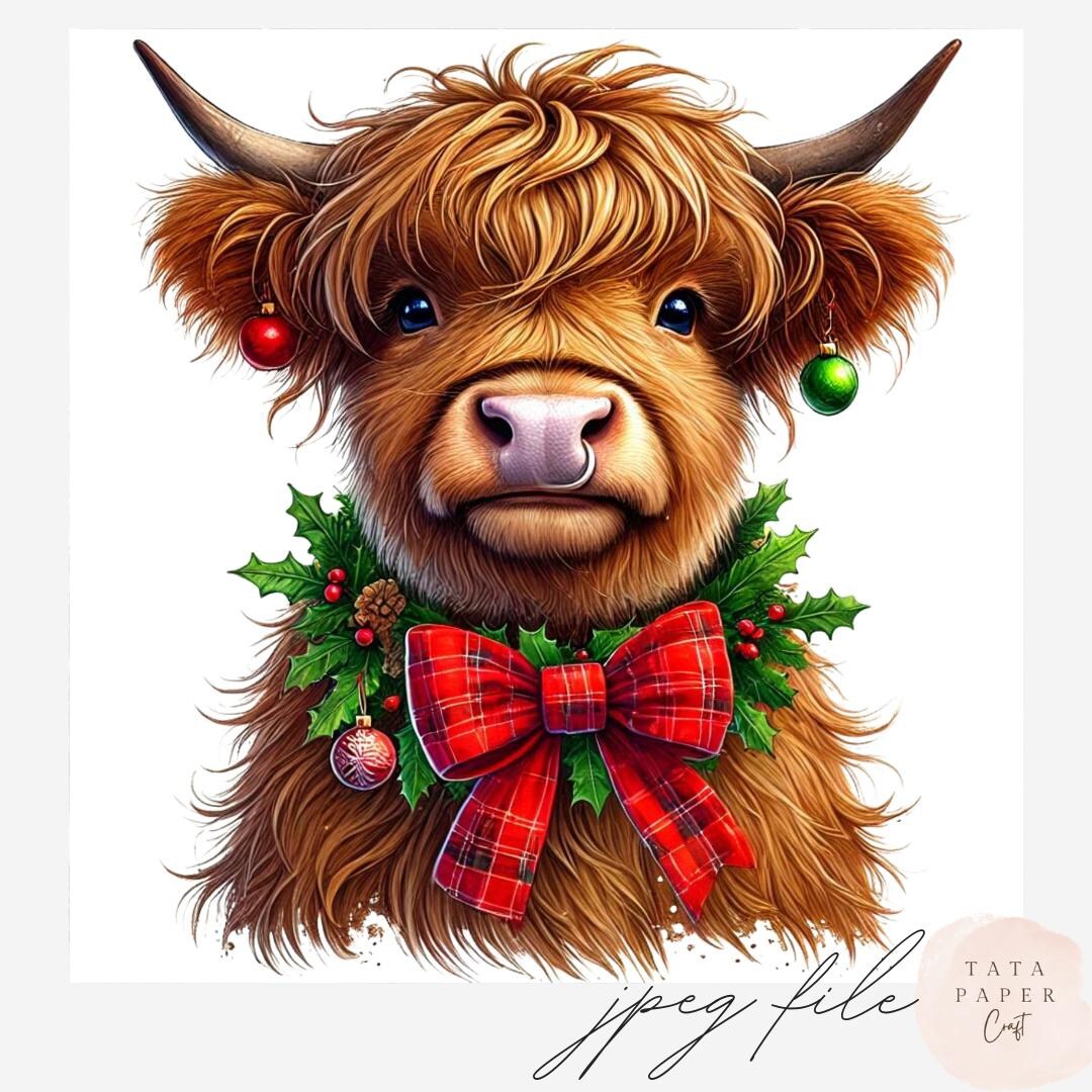 Coquette Christmas Highland Cow Clipart | 12 Festive Jpegs | Holiday ...
